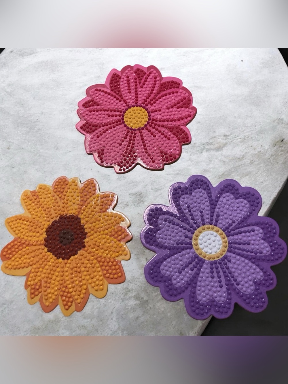 🌸 Handmade Floral Diamond Art Coasters – Set of 3🌸 Sealed